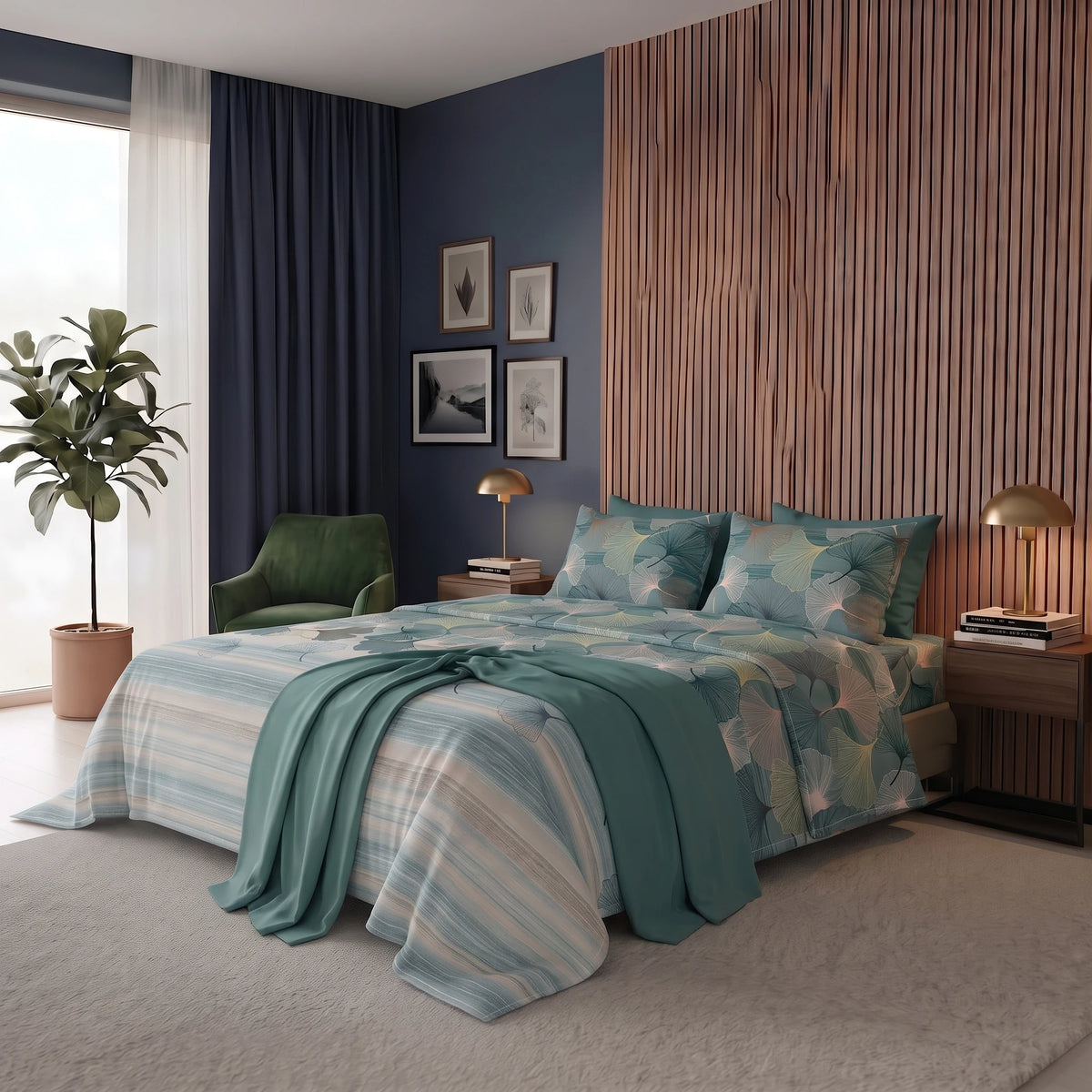 Happidea Completo Letto Matrimoniale in Cotone con Stampa 2 in 1 Gingkoadonis Teal
