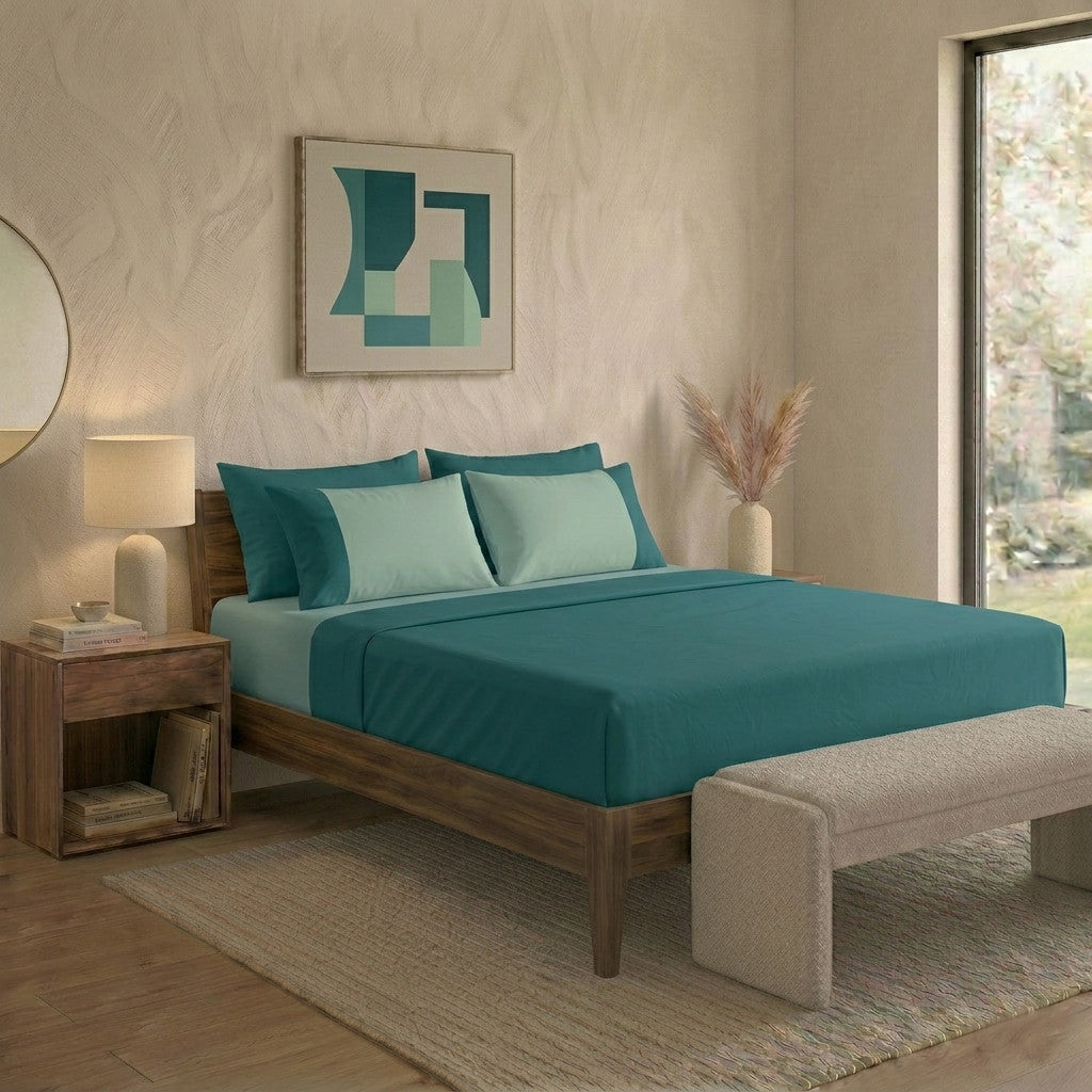 Happidea Completo Letto Matrimoniale in Cotone Bicolore Pavone/Laguna