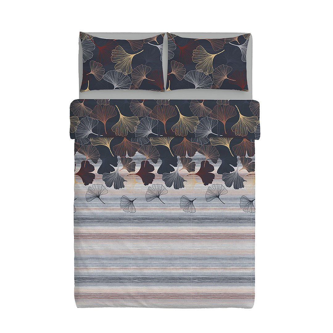 Happidea Completo Letto Matrimoniale in Cotone con Stampa 2 in 1 Gingkoadonis Blue