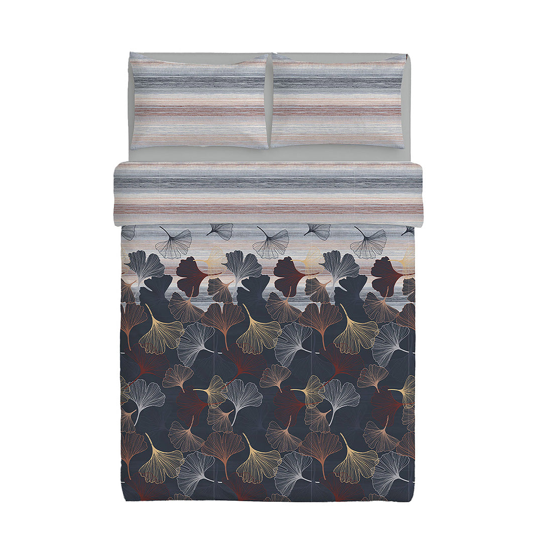 Happidea Completo Letto Matrimoniale in Cotone con Stampa 2 in 1 Gingkoadonis Blue