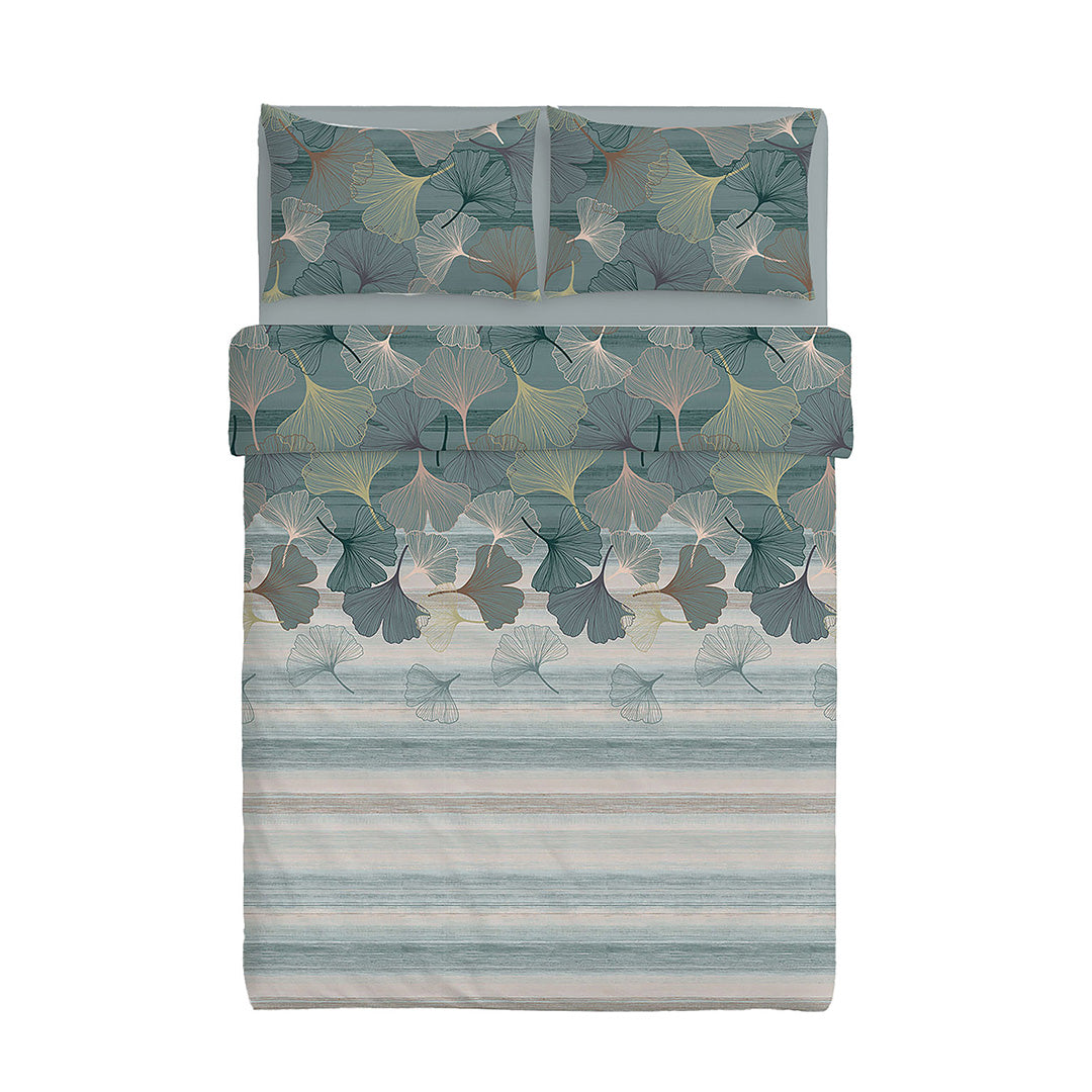 Happidea Completo Letto Matrimoniale in Cotone con Stampa 2 in 1 Gingkoadonis Teal