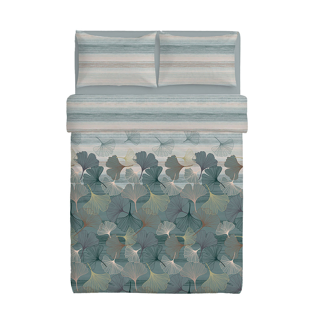 Happidea Completo Letto Matrimoniale in Cotone con Stampa 2 in 1 Gingkoadonis Teal