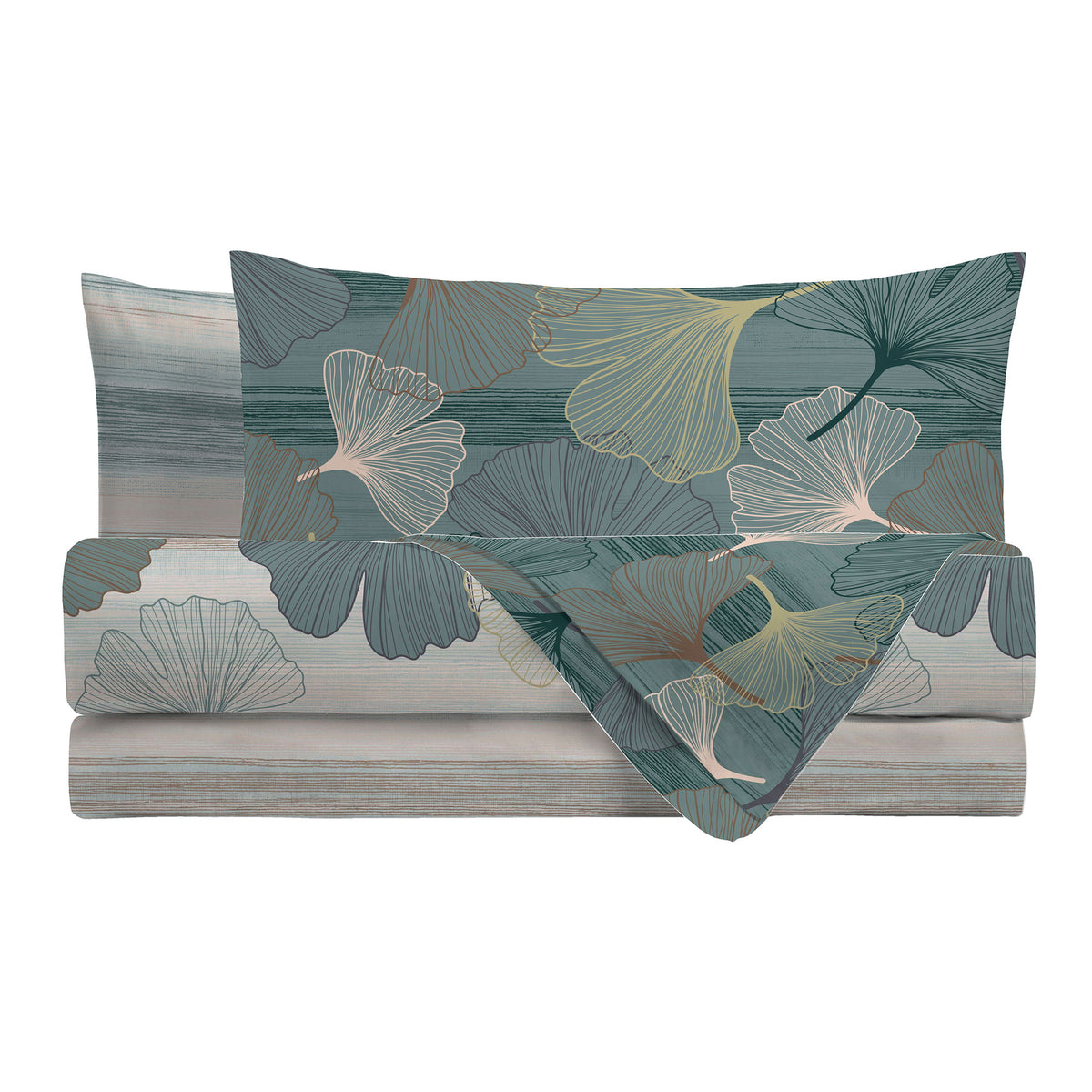 Happidea Completo Letto Matrimoniale in Cotone con Stampa 2 in 1 Gingkoadonis Teal