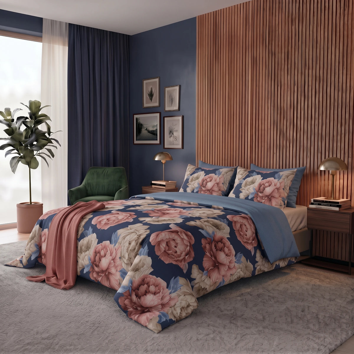 Happidea Parure Copripiumino Matrimoniale in Cotone con Stampa Peony Dark Blue