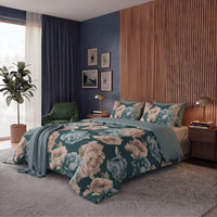 Happidea Parure Copripiumino Matrimoniale in Cotone con Stampa Peony Teal