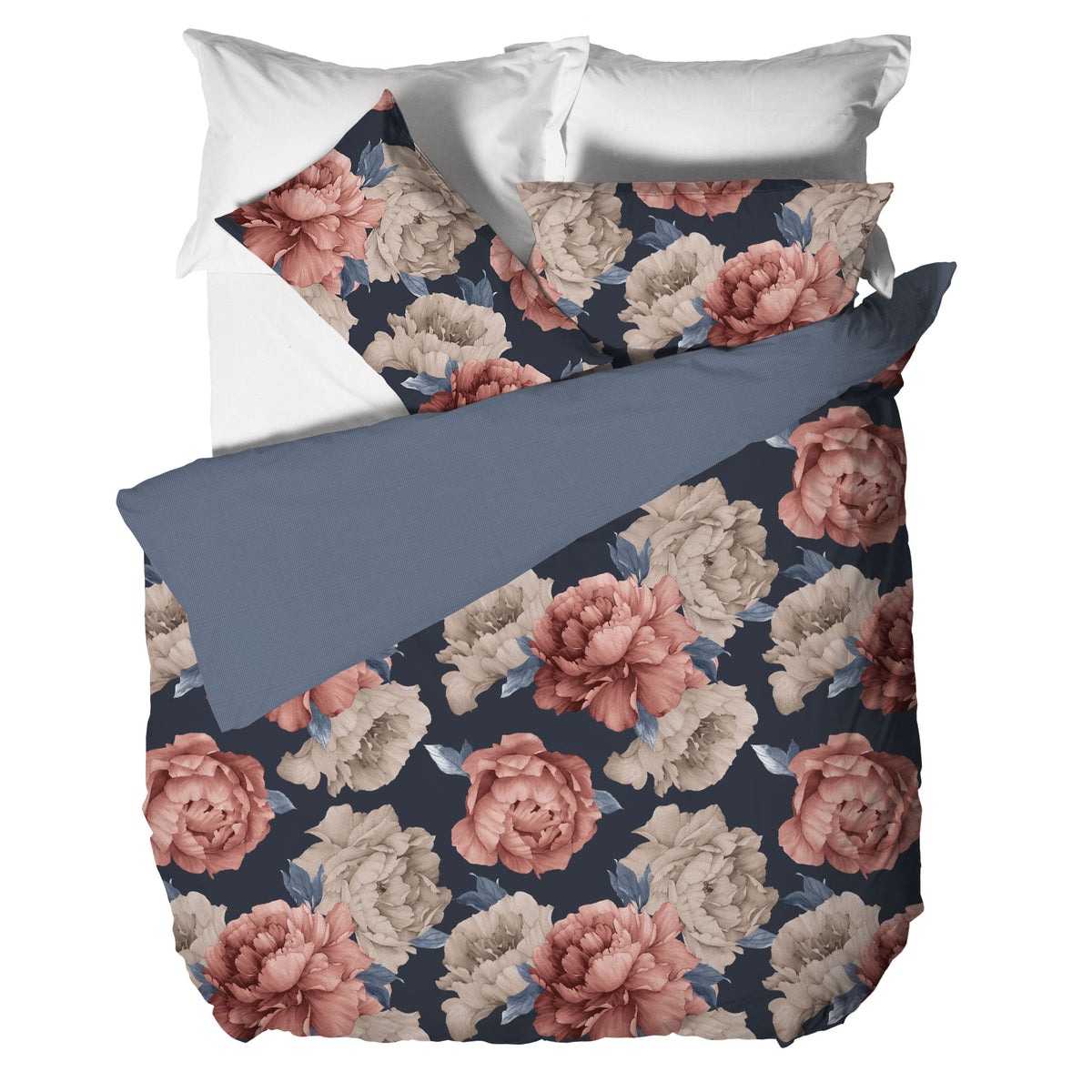 Happidea Parure Copripiumino Matrimoniale in Cotone con Stampa Peony Dark Blue