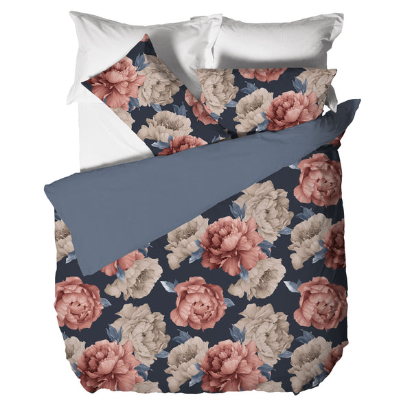 Happidea Parure Copripiumino Matrimoniale in Cotone con Stampa Peony Dark Blue