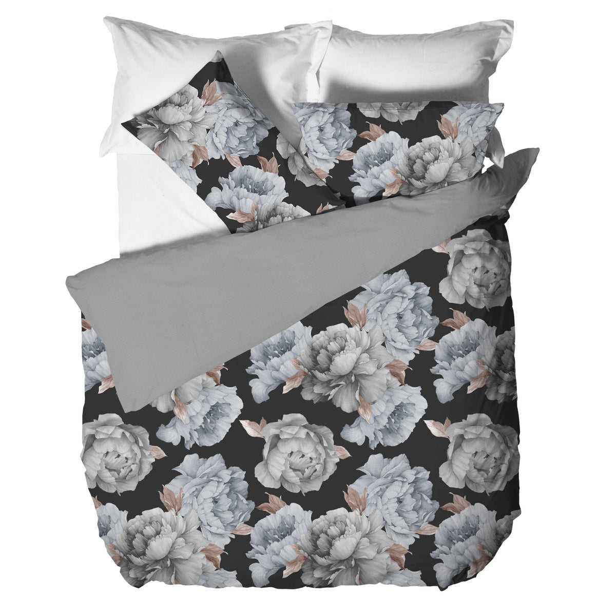 Happidea Parure Copripiumino Matrimoniale in Cotone con Stampa Peony Dark Grey