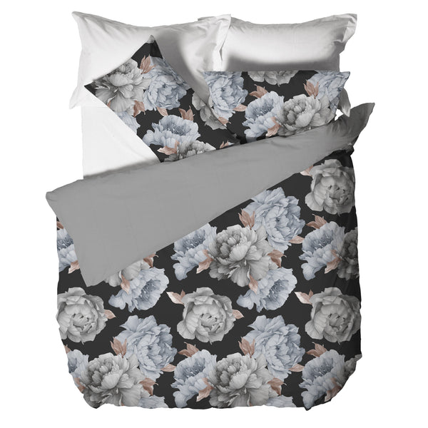 Happidea Parure Copripiumino Matrimoniale in Cotone con Stampa Peony Dark Grey