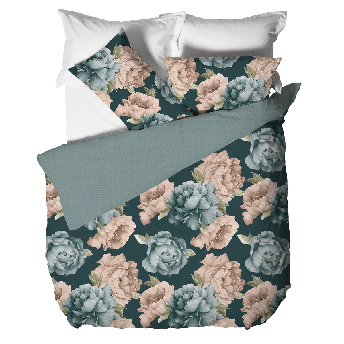 Happidea Parure Copripiumino Matrimoniale in Cotone con Stampa Peony Teal