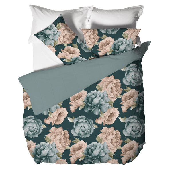 Happidea Parure Copripiumino Matrimoniale in Cotone con Stampa Peony Teal
