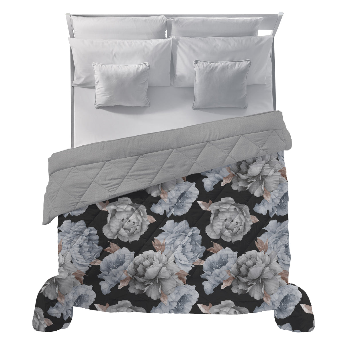 Happidea Trapunta Matrimoniale Soffice con Stampa Peony Dark Grey