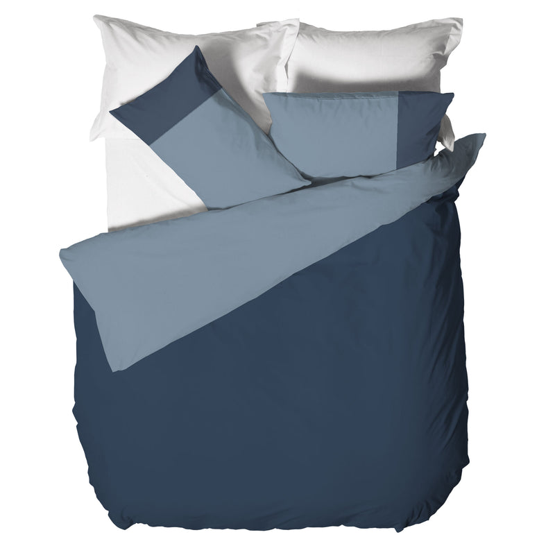 Happidea Parure Copripiumino Matrimoniale in Cotone Bicolore Blu Profondo/Azzurro Polvere