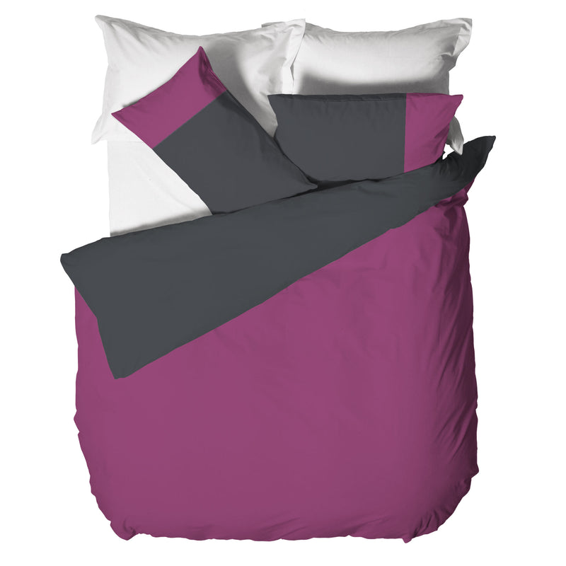 Happidea Parure Copripiumino Matrimoniale in Cotone Bicolore Ciclamino Grafite