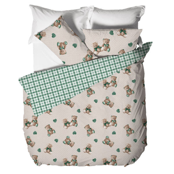 Parure Copripiumino Matrimoniale in Cotone con Stampa  - Fantasia Softy Bear Orsetti Green