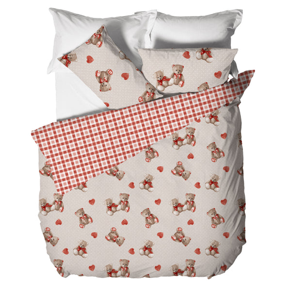 Parure Copripiumino Matrimoniale in Cotone con Stampa  - Fantasia Softy Bear Orsetti Red