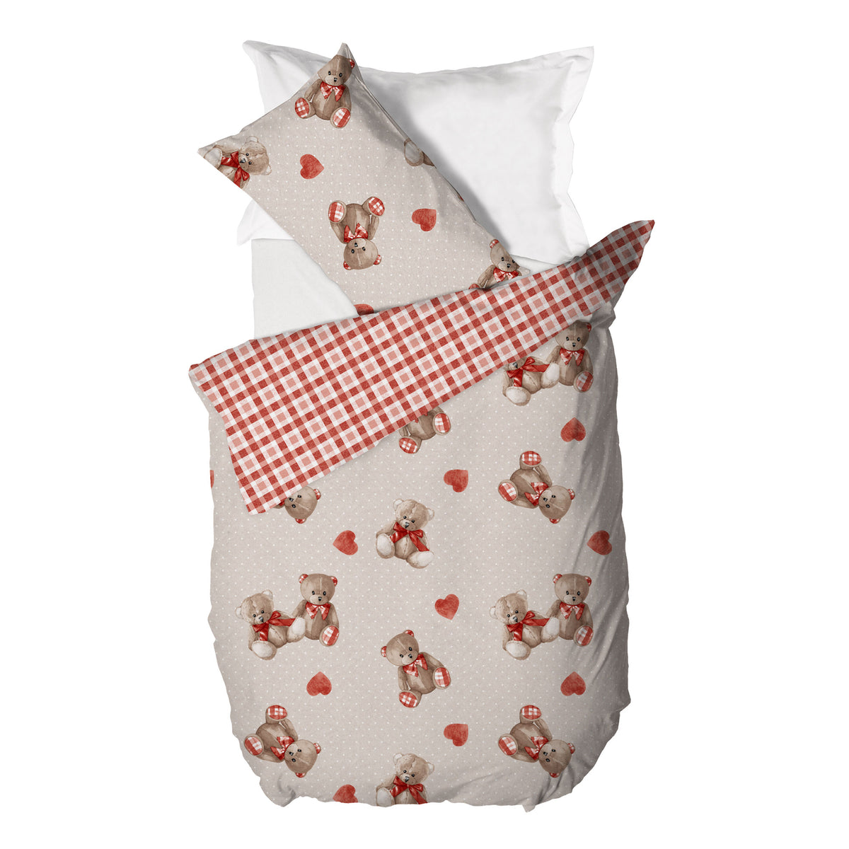 Parure Copripiumino Piazza e Mezza in Cotone con Stampa  - Fantasia Softy Bear Orsetti Red