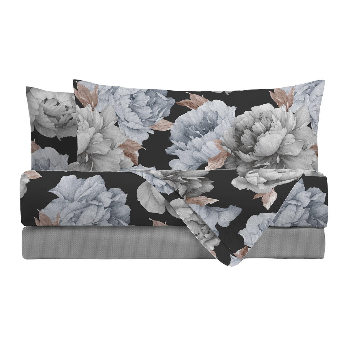 Happidea Parure Copripiumino Matrimoniale in Cotone con Stampa Peony Dark Grey