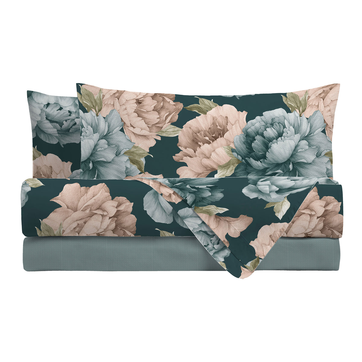 Happidea Completo Letto in Cotone con Stampa Matrimoniale Peony Teal