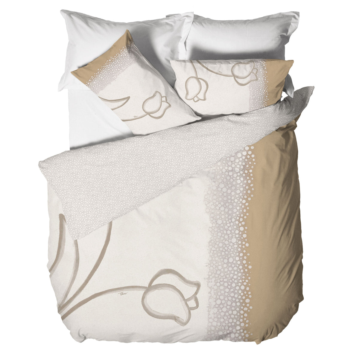 THUN® Parure Copripiumino Matrimoniale New Elegance - Fantasia Tulipani Tulips Beige