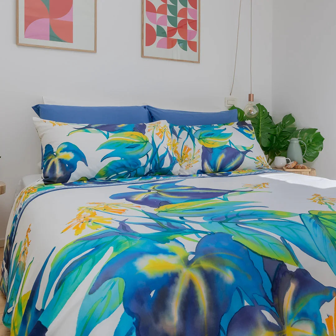 Completo Letto Copriletto Matrimoniale in Cotone con Stampa Digitale - Fantasia Dominica Blu - Amo La Casa Shop
