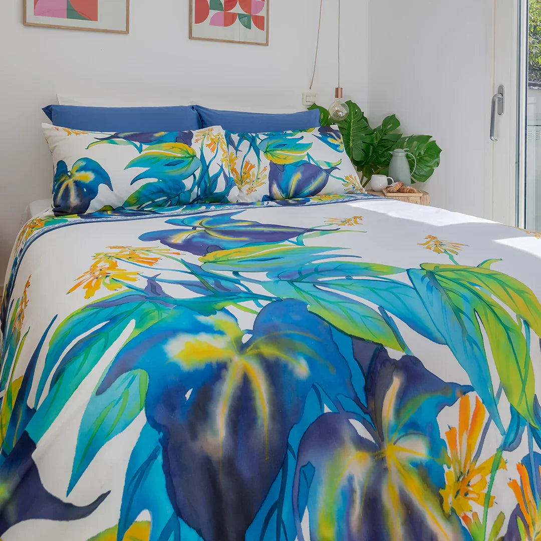 Completo Letto Copriletto Matrimoniale in Cotone con Stampa Digitale - Fantasia Dominica Blu - Amo La Casa Shop