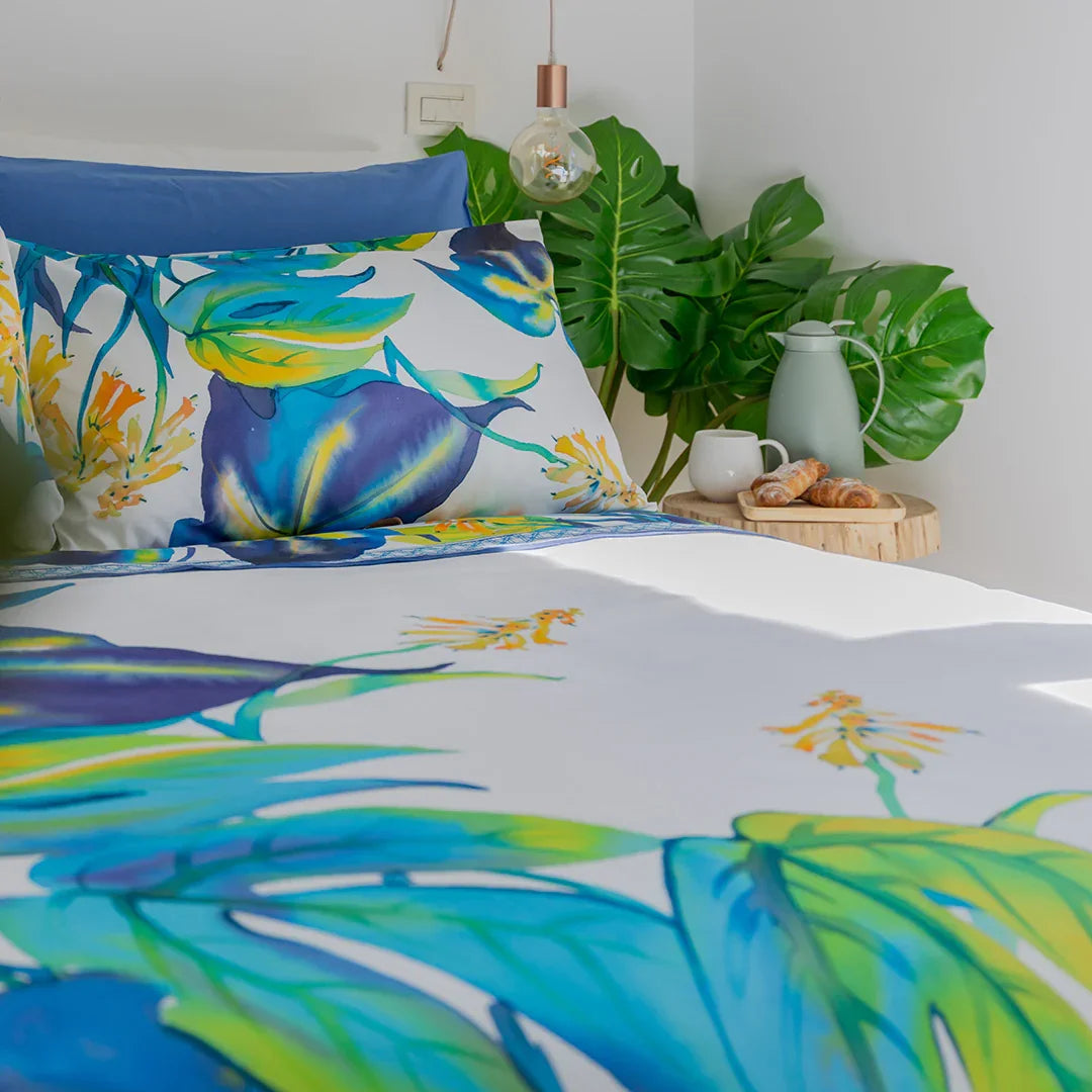 Completo Letto Copriletto Matrimoniale in Cotone con Stampa Digitale - Fantasia Dominica Blu - Amo La Casa Shop