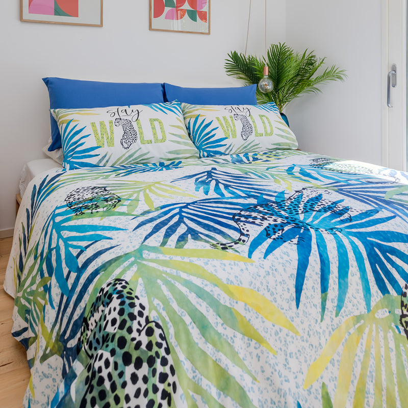 Completo Letto Copriletto Matrimoniale in Cotone con Stampa Digitale - Fantasia Nahele Turchese