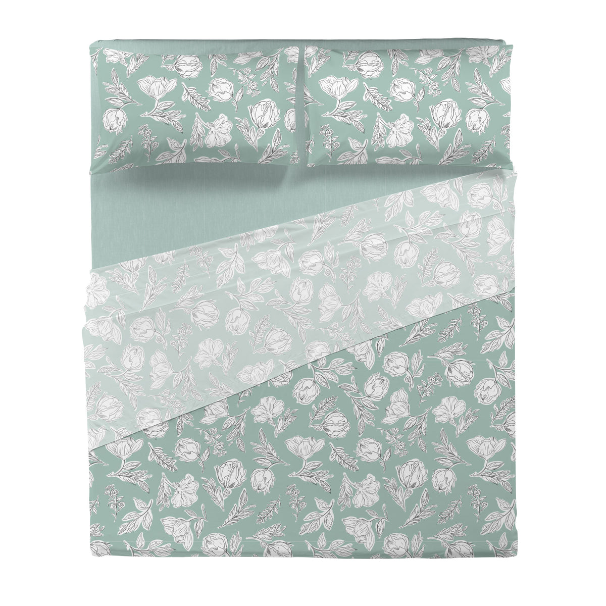 Completo Letto Matrimoniale in Cotone con Stampa - Fantasia Blossom Aqua