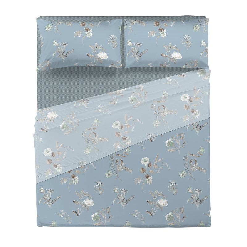 Completo Letto Matrimoniale in Cotone con Stampa - Fantasia Acqua Meredith Blu