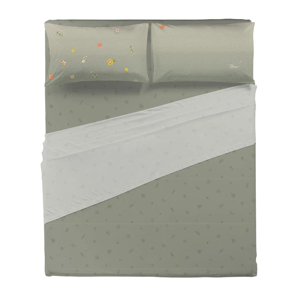 THUN® Completo Letto Matrimoniale in Cotone Country Flowers Sage Green - Amo La Casa Shop