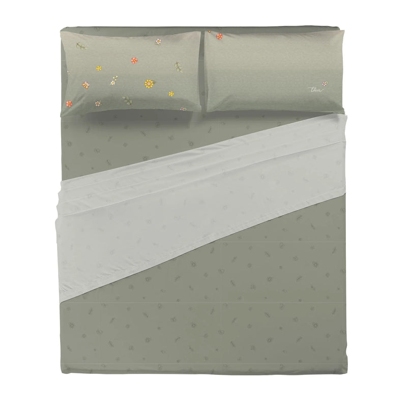 THUN® Completo Letto Matrimoniale in Cotone Country Flowers Sage Green - Amo La Casa Shop