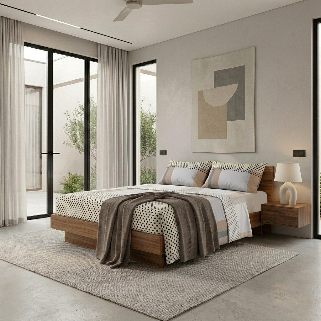 Completo Letto Matrimoniale in Cotone con Stampa Kiljan Beige