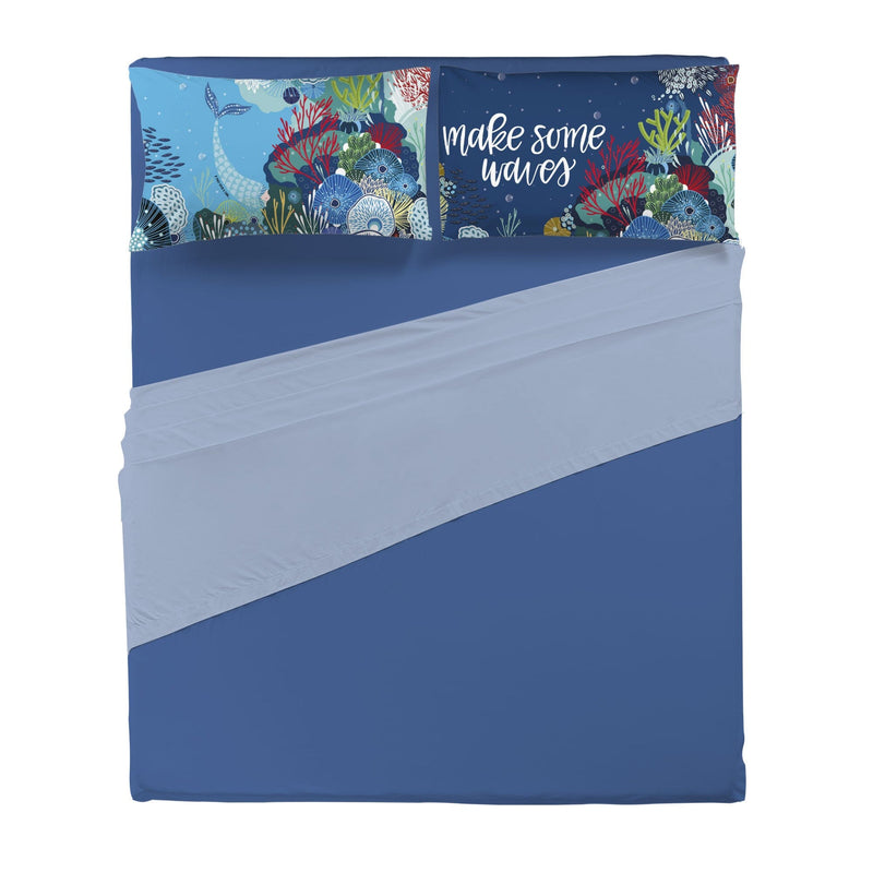 Completo Letto Matrimoniale in Cotone con Stampa Digitale - Fantasia Mermaidwaves Blu