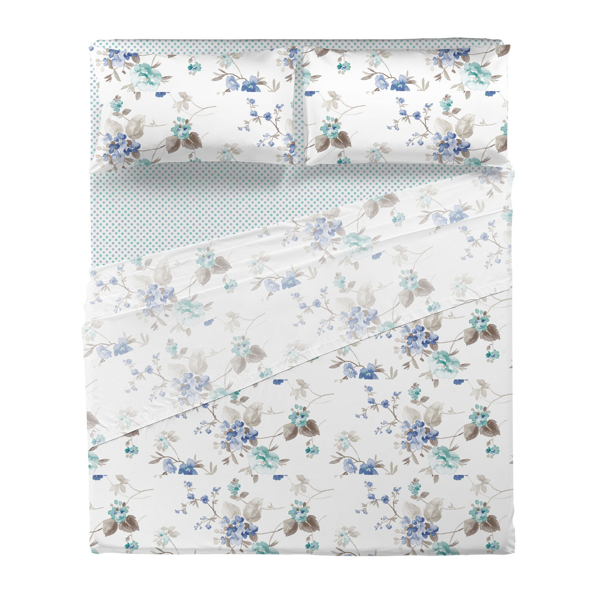 Completo Letto Matrimoniale in Cotone con Stampa - Fantasia Micole Blue