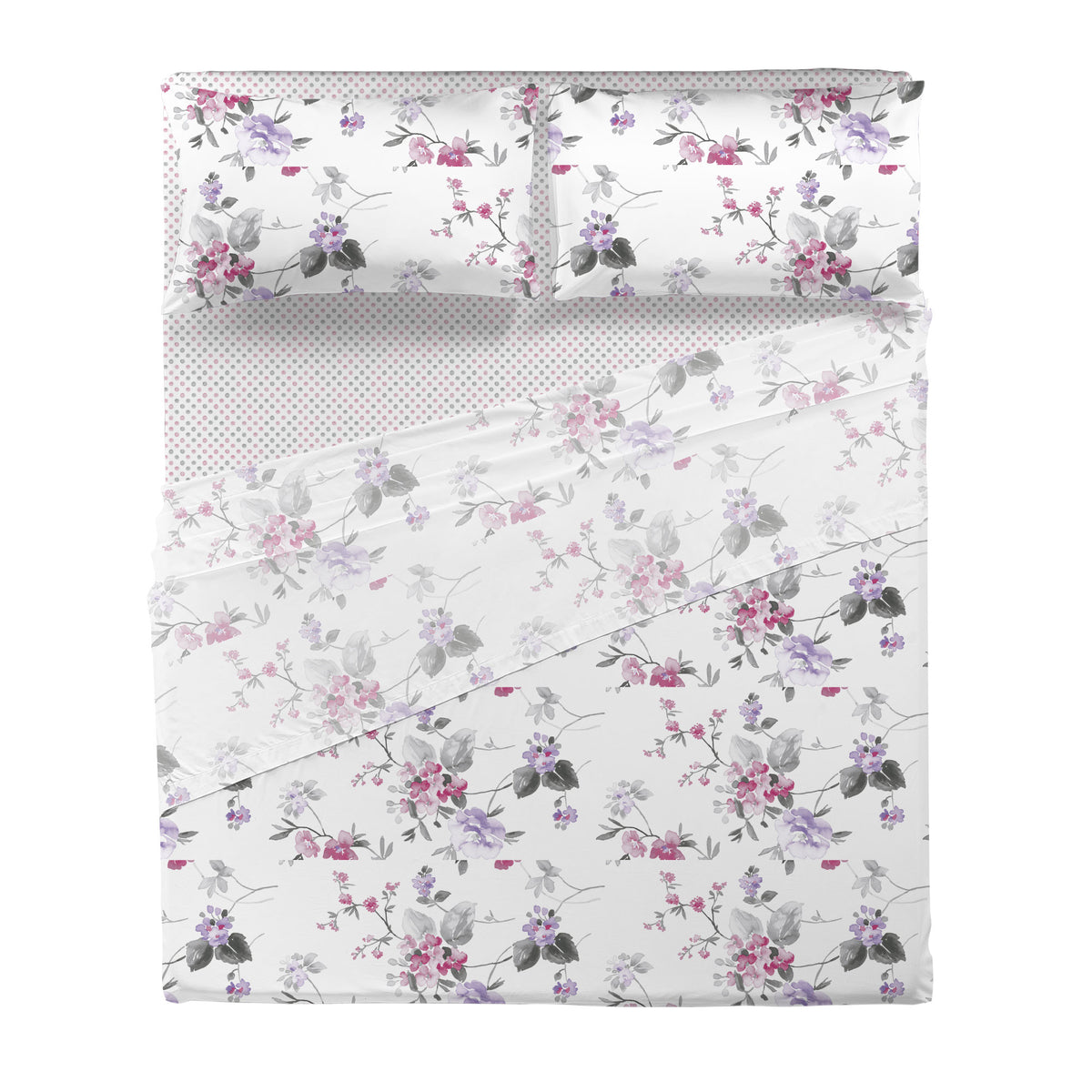 Completo Letto Matrimoniale in Cotone con Stampa - Fantasia Micole Pink