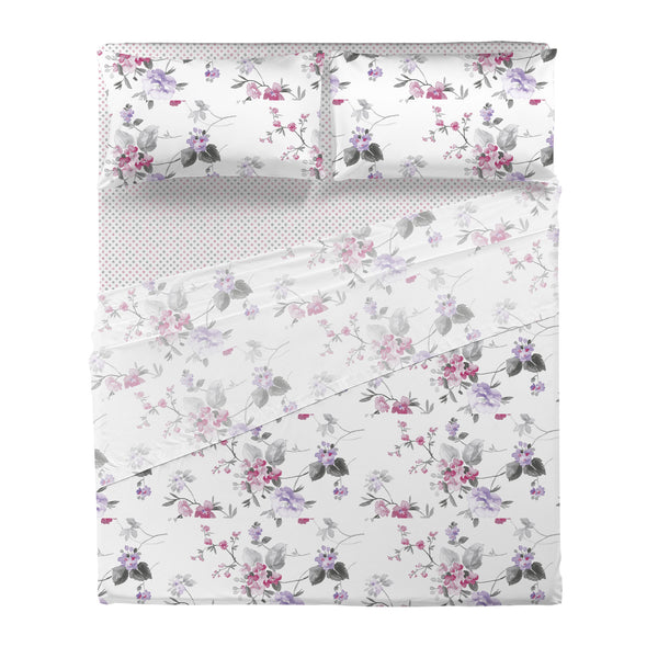 Completo Letto Matrimoniale in Cotone con Stampa - Fantasia Micole Pink