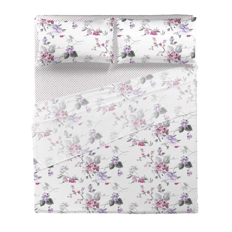 Completo Letto Matrimoniale in Cotone con Stampa - Fantasia Micole Pink