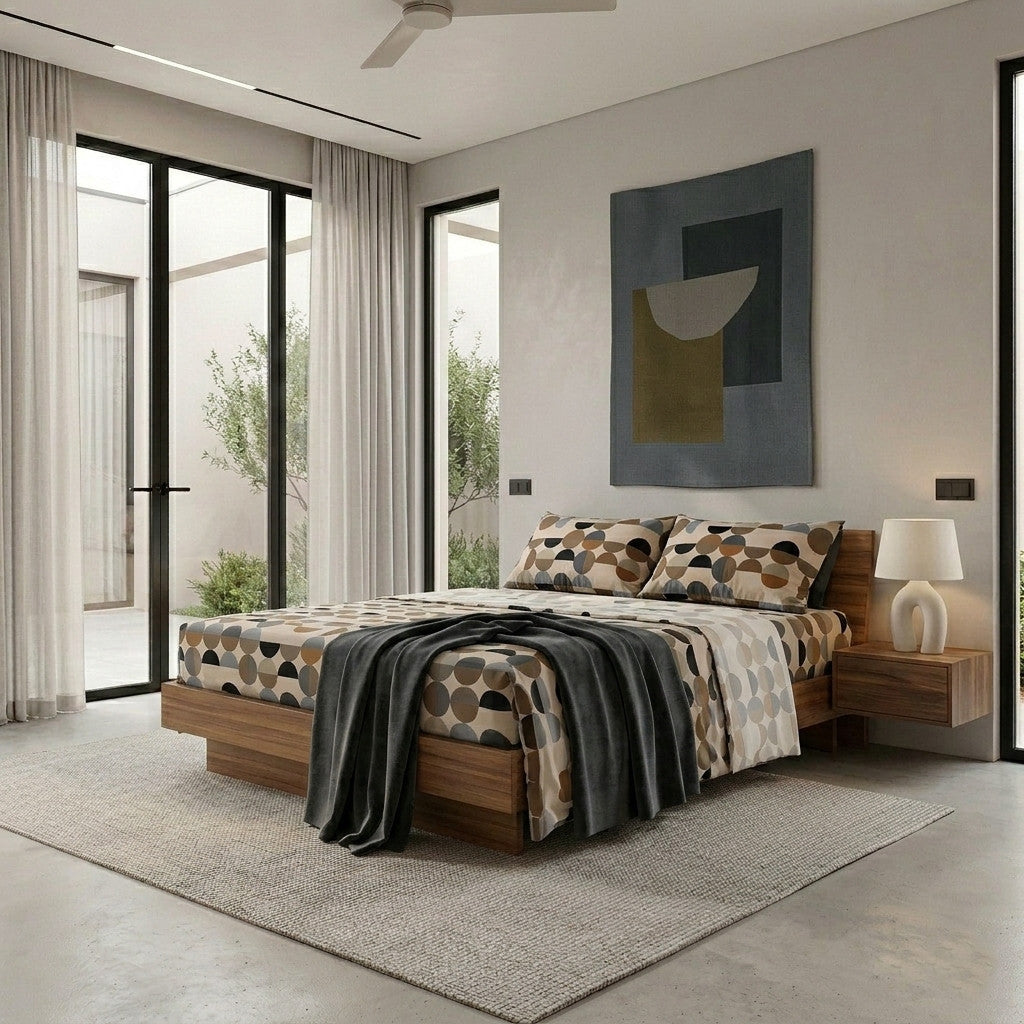 Completo Letto Matrimoniale in Cotone con Stampa Sjul Beige