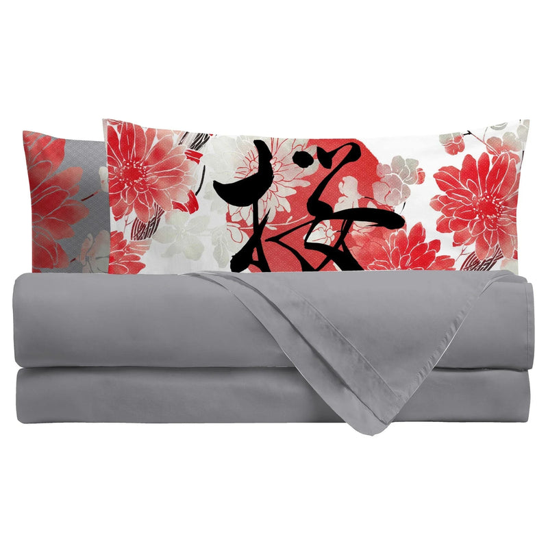 Completo Letto Piazza e Mezza in Cotone con Stampa Digitale - Fantasia Sakura Ikebana - Amo La Casa Shop