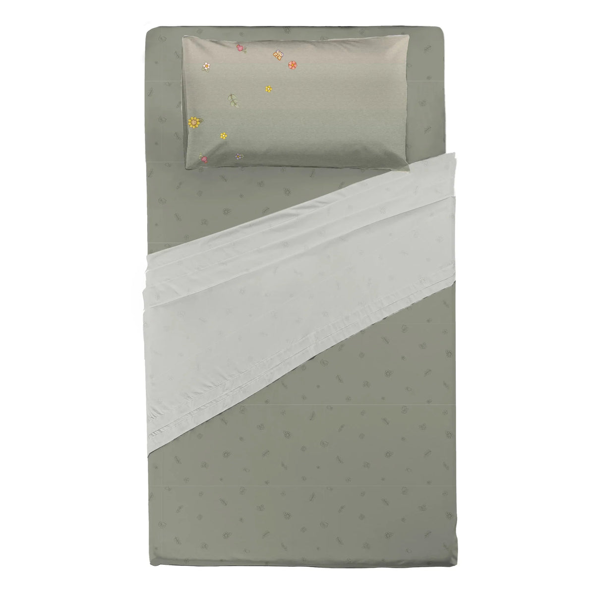 THUN® Completo Letto Piazza e Mezza in Cotone Country Flowers Sage Green - Amo La Casa Shop