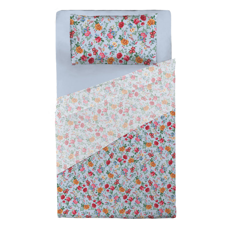 Completo Letto Piazza e Mezza in Cotone con Stampa - Fantasia Secret Garden Debby Light Blue
