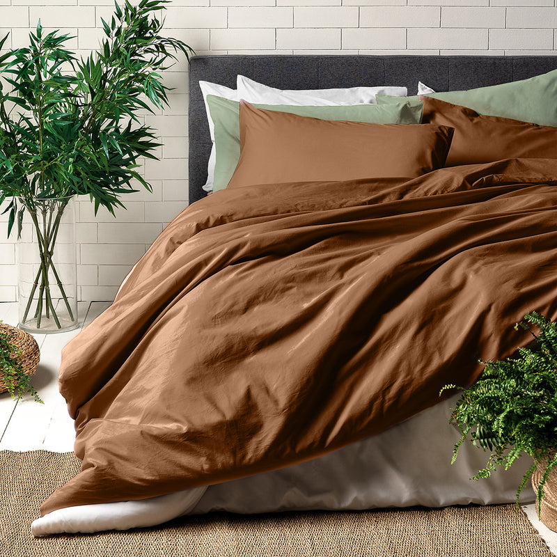 Completo Letto Matrimoniale in Cotone - Tinta Unita Marrone