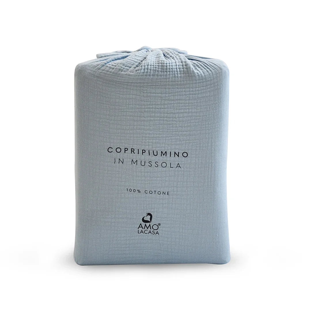 Parure Copripiumino Singolo in Mussola di Cotone Tinta Unita Azzurro - Amo La Casa Shop