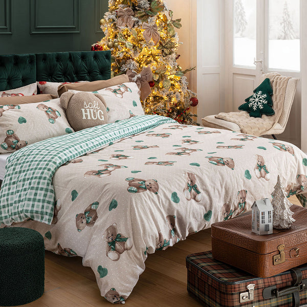 Parure Copripiumino Matrimoniale in Cotone con Stampa  - Fantasia Softy Bear Orsetti Green