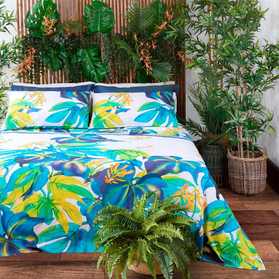 Completo Letto Copriletto Matrimoniale in Cotone con Stampa Digitale - Fantasia Dominica Blu - Amo La Casa Shop