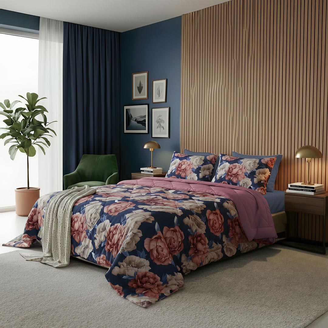 Happidea Completo Letto in Cotone con Stampa Matrimoniale Peony Dark Blue