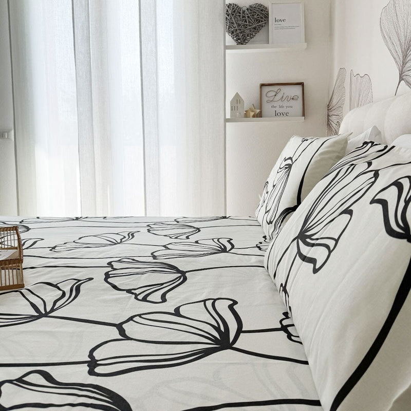 Completo Letto Matrimoniale in Puro Cotone con Stampa Contemporary - Fantasia Inga Black