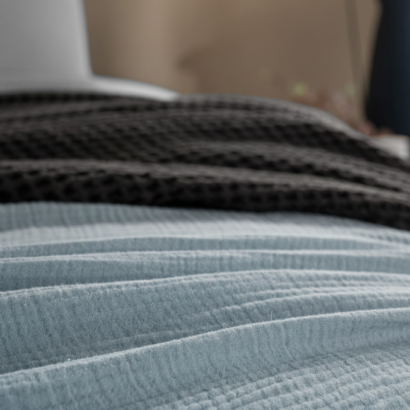 Parure Copripiumino Matrimoniale Mussola di Cotone Tinta Unita Azzurro