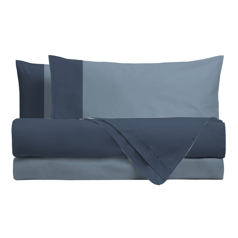 Happidea Completo Letto Piazza e Mezza in Cotone Bicolore Blu Profondo/Azzurro Polvere